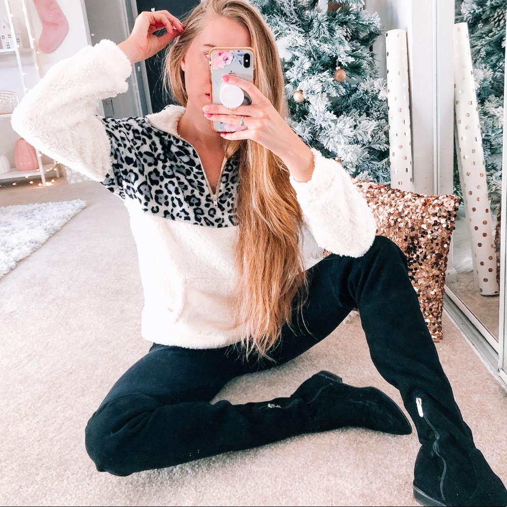 White Gray Sherpa Leopard Pullover - Picture 4 of 8